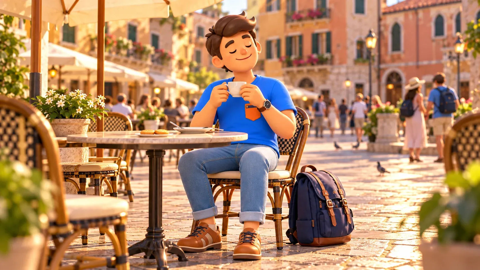 Illustration conceptuelle d’une pause café à la terrasse d’un campo vénitien