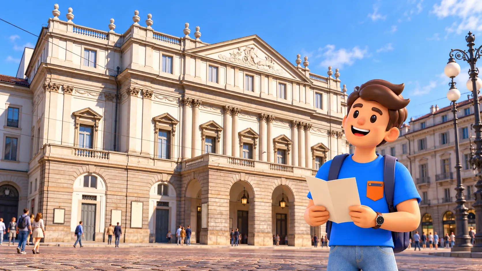 Иллюстрация путешественника с бумажной программой перед неоклассическим фасадом театра Ла Скала.