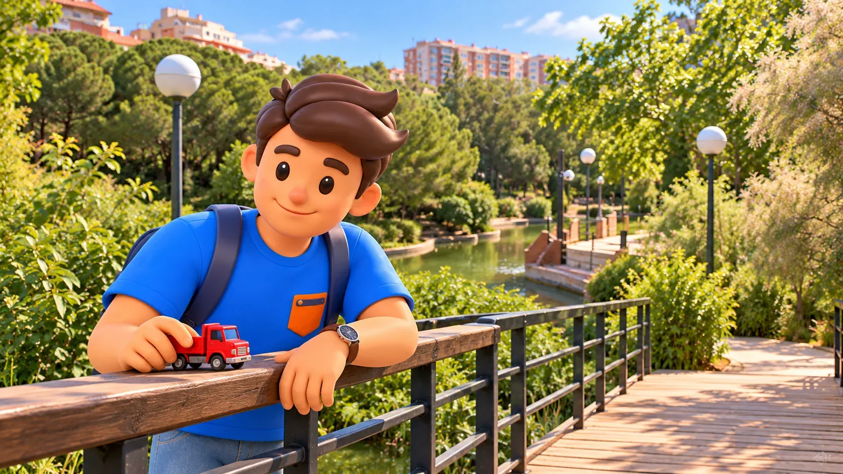 Illustration of a traveller with his own toy truck on a bridge in Parc de la Pegaso.