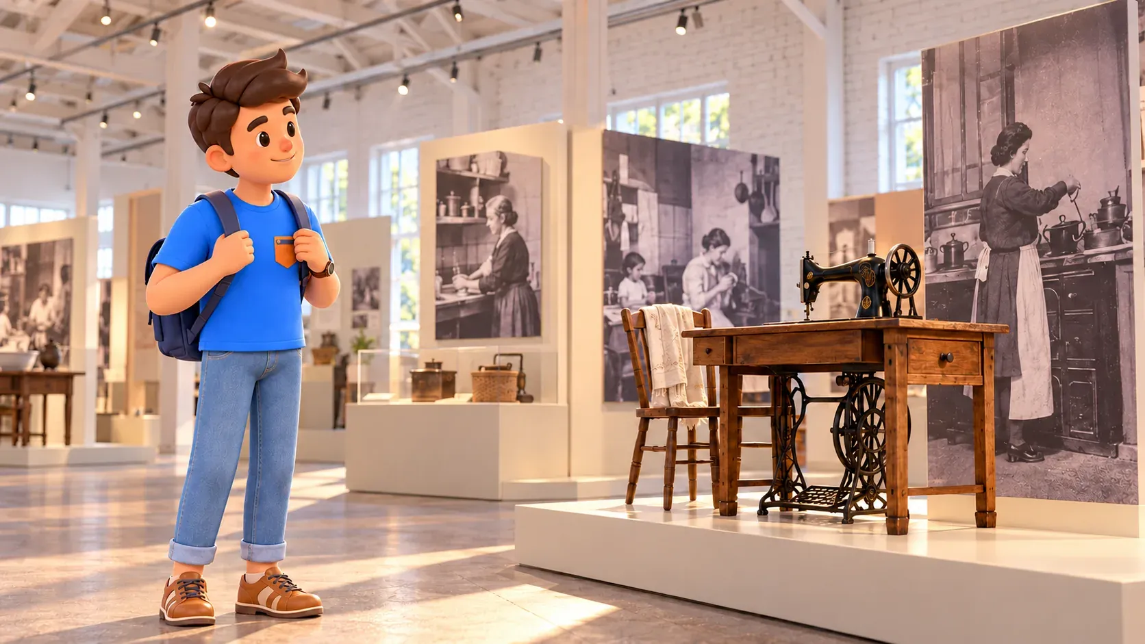 Conceptual history-of-work museum illustration of a traveller observing a vintage sewing machine without touching exhibits.