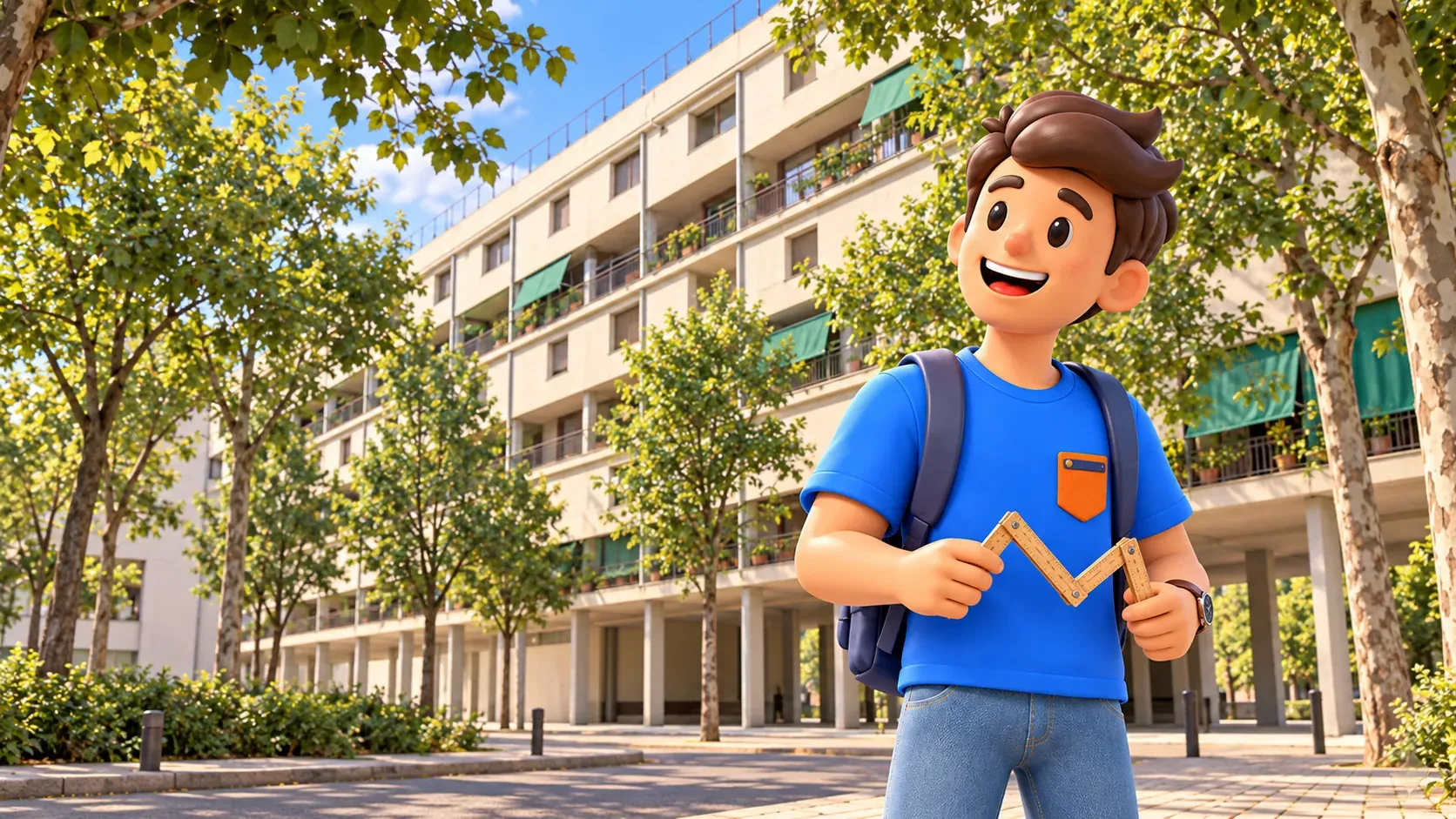 Illustration of a traveller holding his own folding ruler on a public street outside Casa Bloc.