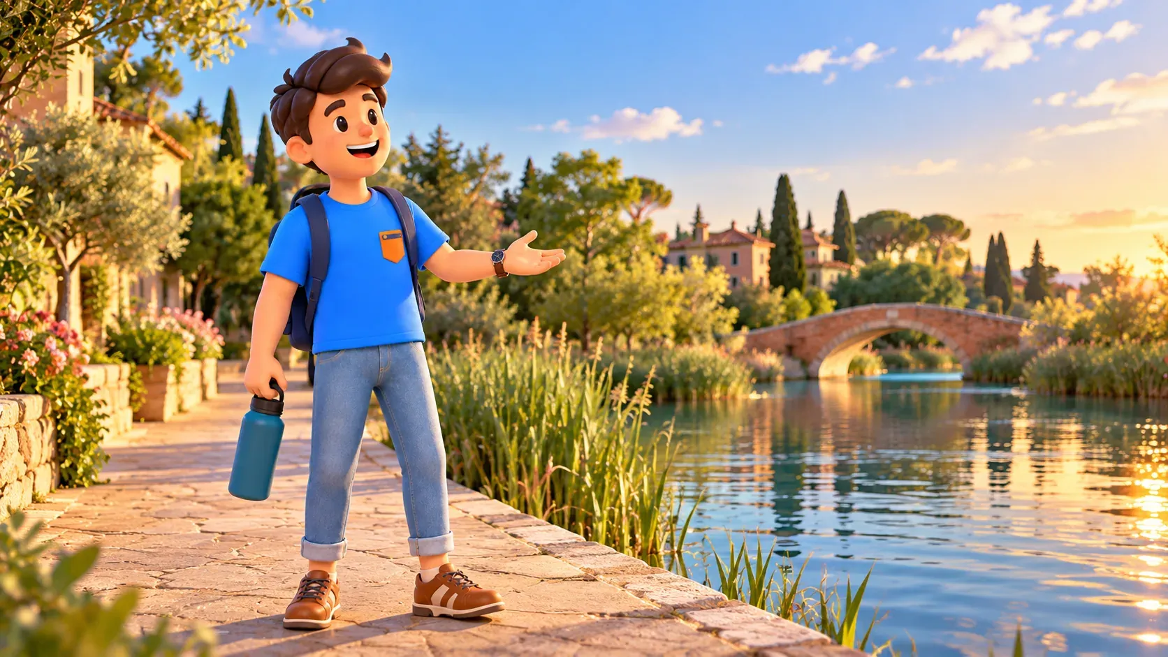 Illustration conceptuelle d’une promenade sur un chemin au bord d’un canal dans la verdure lagunaire