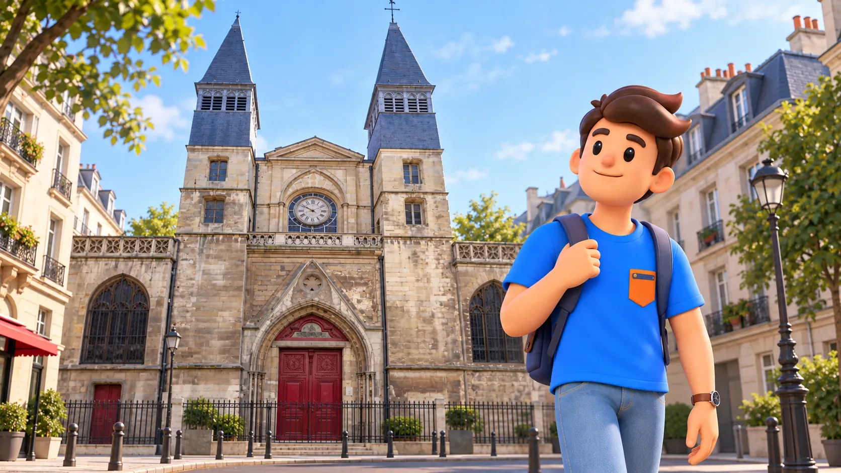 Un voyageur tenant la bretelle de son sac regarde l’église Saint-Leu-Saint-Gilles à Paris