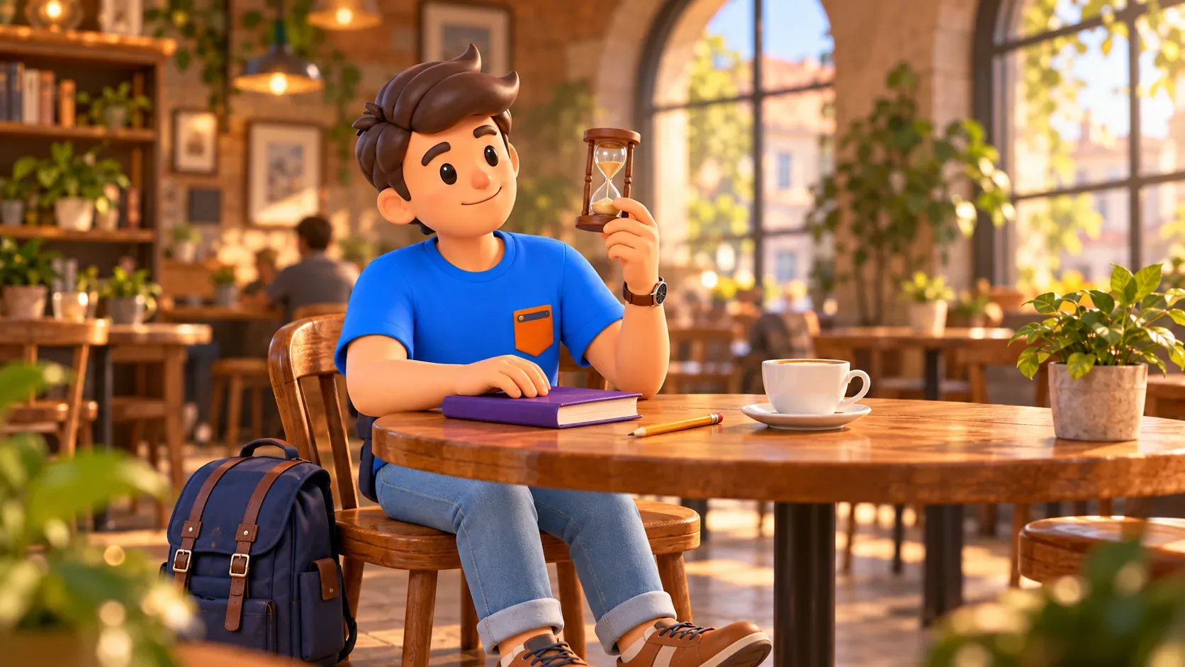 Illustration conceptuelle d’une réflexion sur le temps avec un sablier personnel et un livre à une table de café