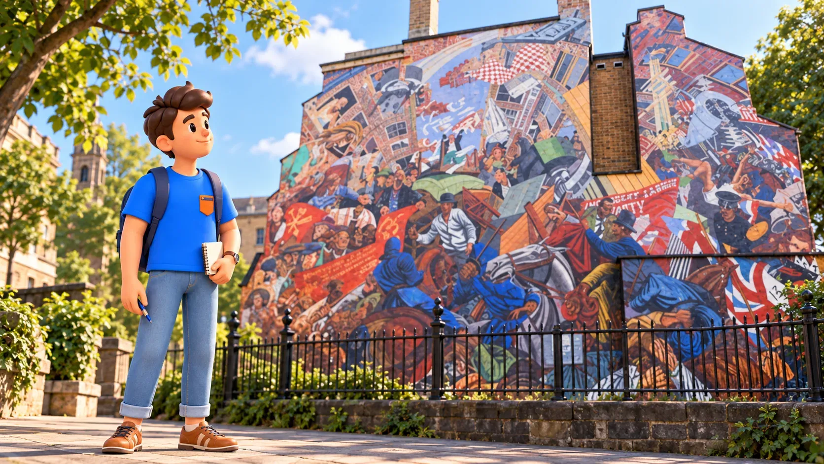 Ilustración de un viajero observando el mural de Cable Street tras una verja negra