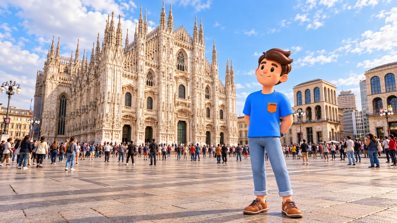 Ilustración de un viajero con las manos a la espalda ante la fachada gótica del Duomo de Milán.