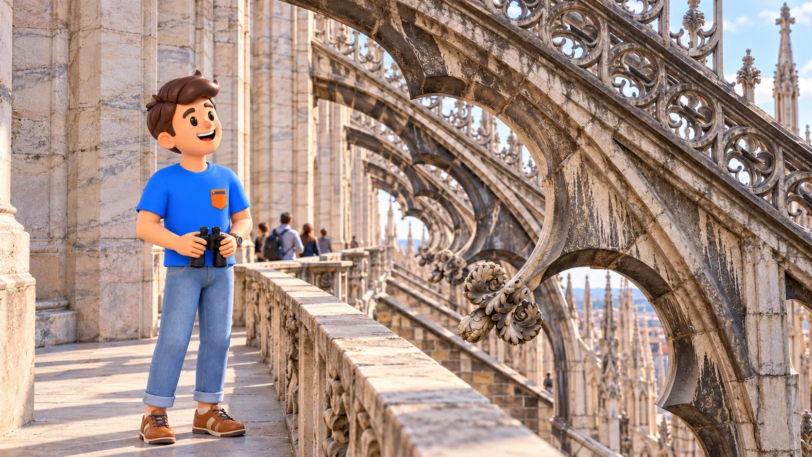 Ilustración de un viajero con los prismáticos bajados junto a los arbotantes de mármol de las terrazas del Duomo.