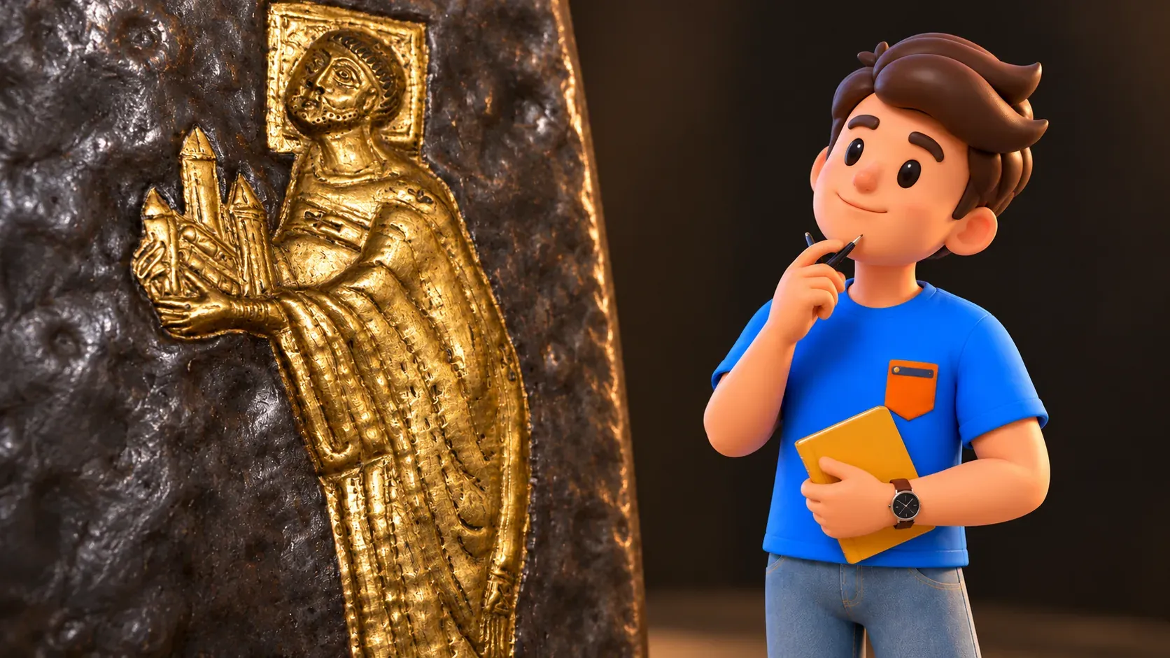 Ilustración de un viajero con cuaderno junto al detalle ampliado de una cruz de museo con figura dorada sosteniendo una maqueta de iglesia.