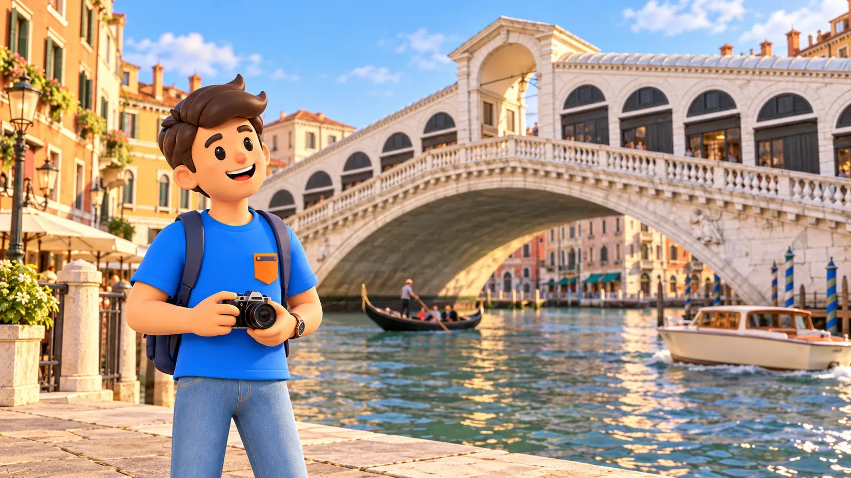 Conceptual illustration of pausing with a camera on a public bank near the Rialto Bridge