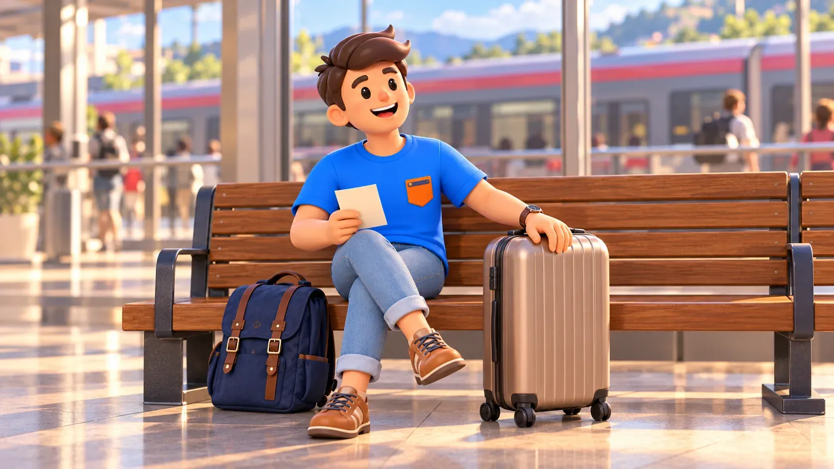 Conceptual illustration of waiting calmly with collected luggage on a station bench