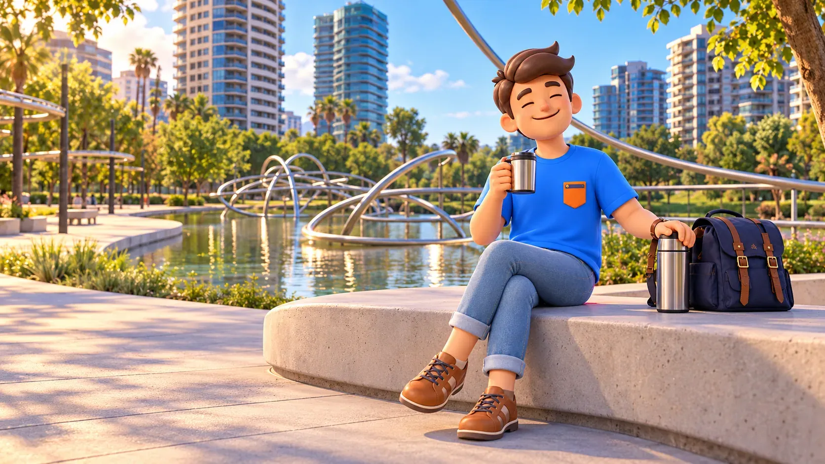 Illustration eines Reisenden mit eigenem Becher und Thermosflasche auf einer geschwungenen Bank im Parc de Diagonal Mar.