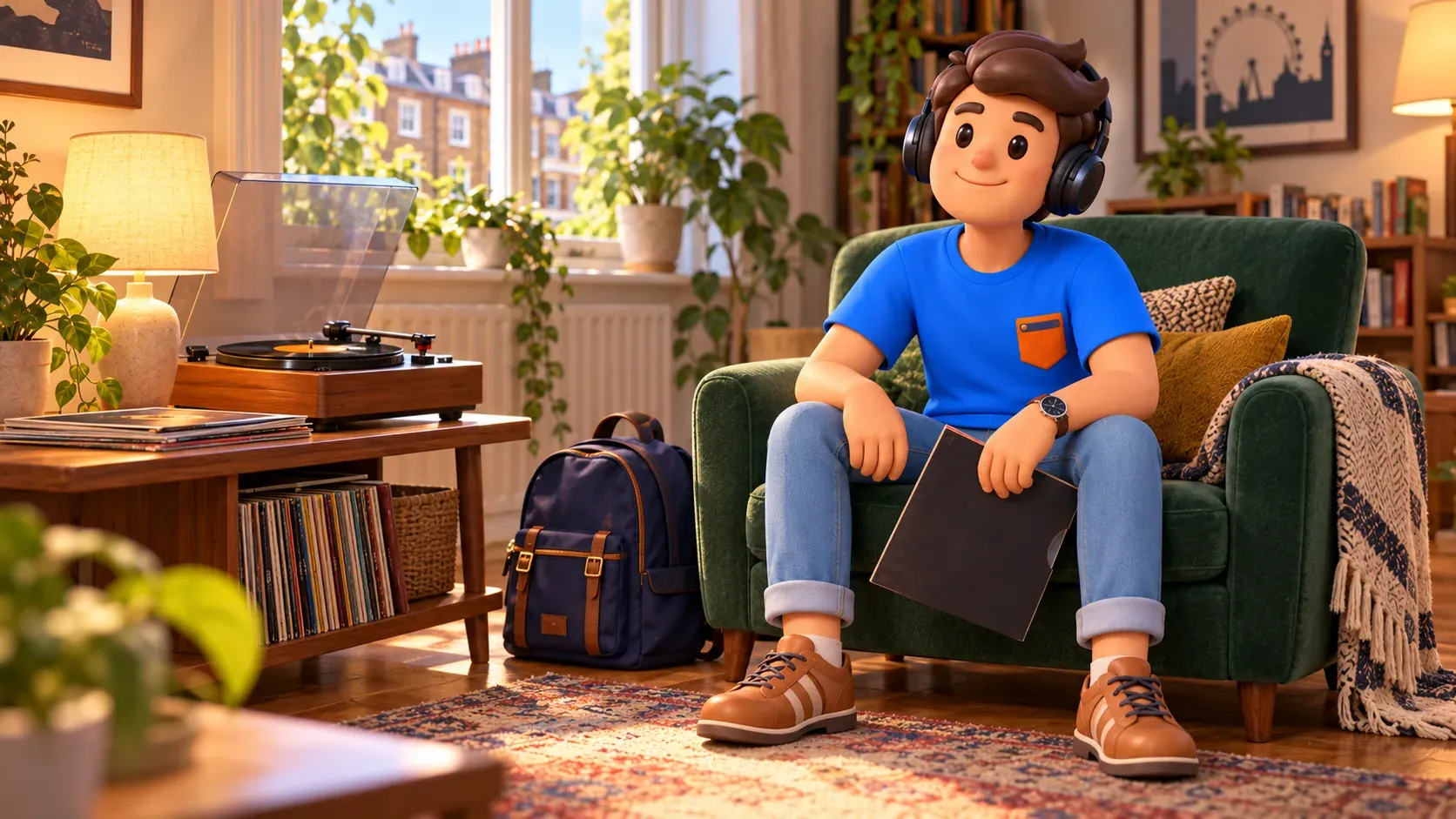 Personaje escuchando un disco con auriculares en una habitación privada.