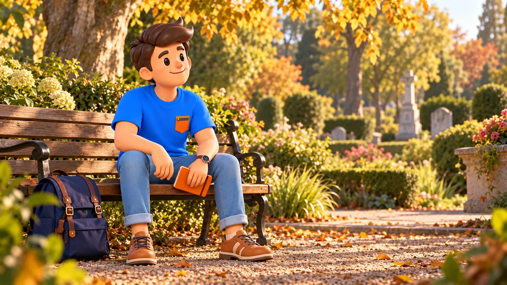 Viajero descansando con una libreta en un jardín tranquilo entre árboles.