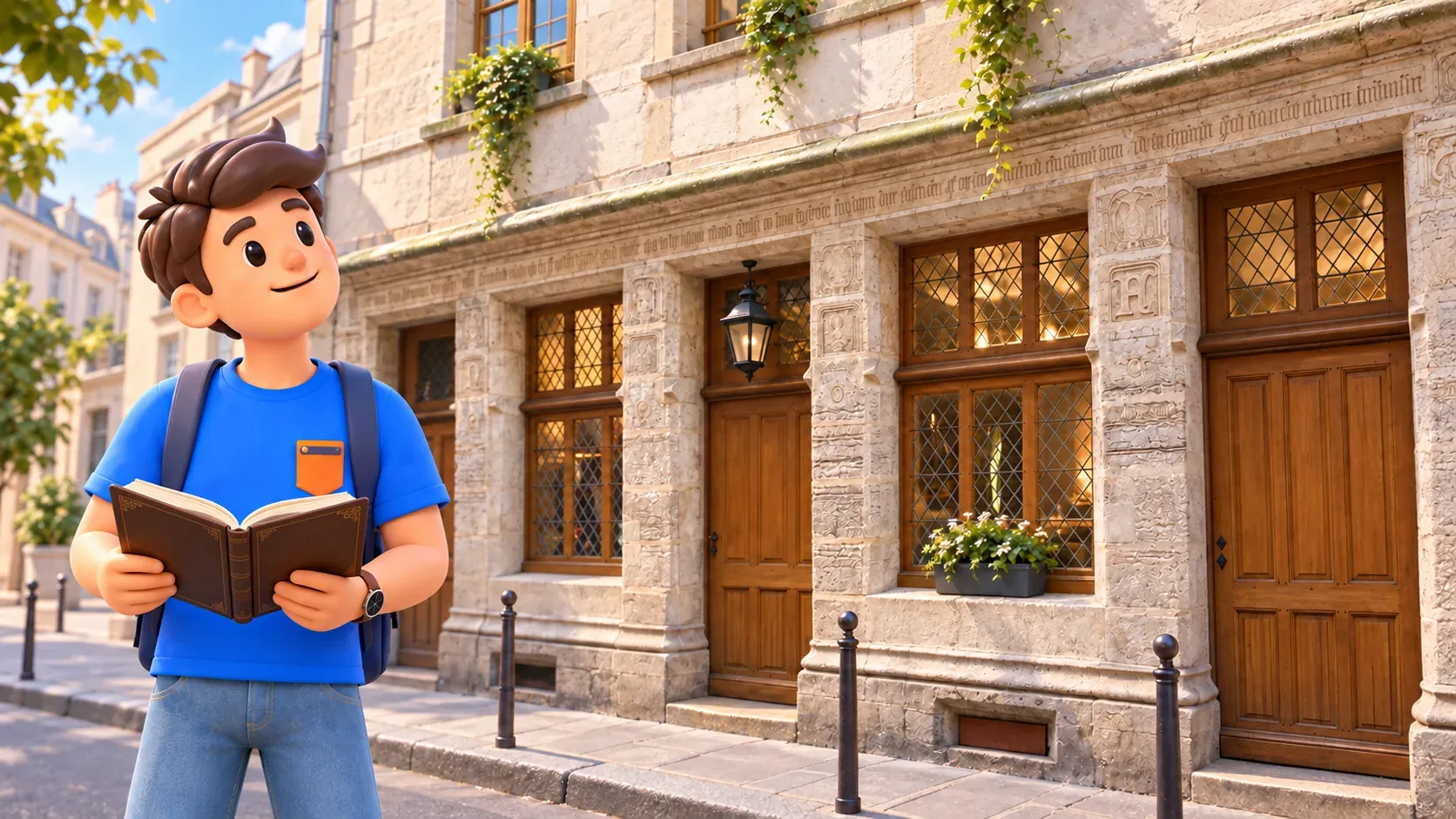 Un voyageur avec un livre ouvert regarde la façade en pierre de la maison de Nicolas Flamel