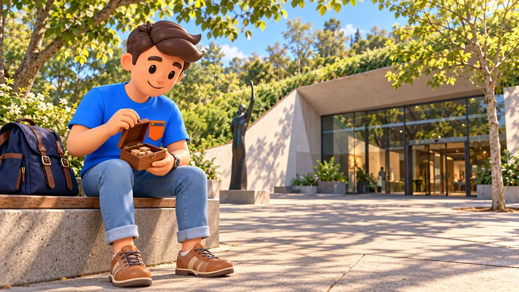 Illustration of a traveller with his own wooden puzzle box outside the Olympic and Sports Museum; the box is not a museum exhibit.