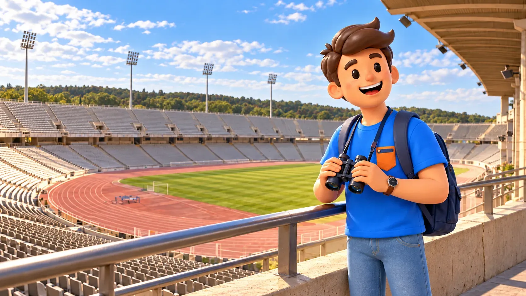 Conceptual illustration of observing the Olympic Stadium with binoculars from a visitor area on a day when access is available.