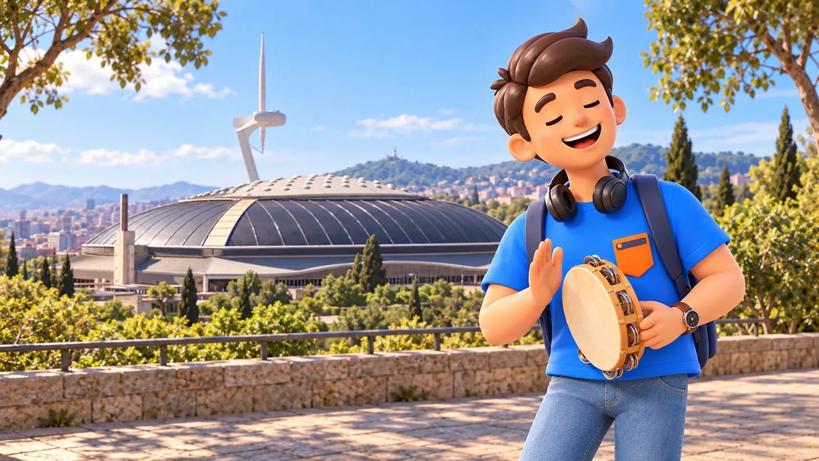 Illustration of a traveller with his own tambourine and headphones outside Palau Sant Jordi.