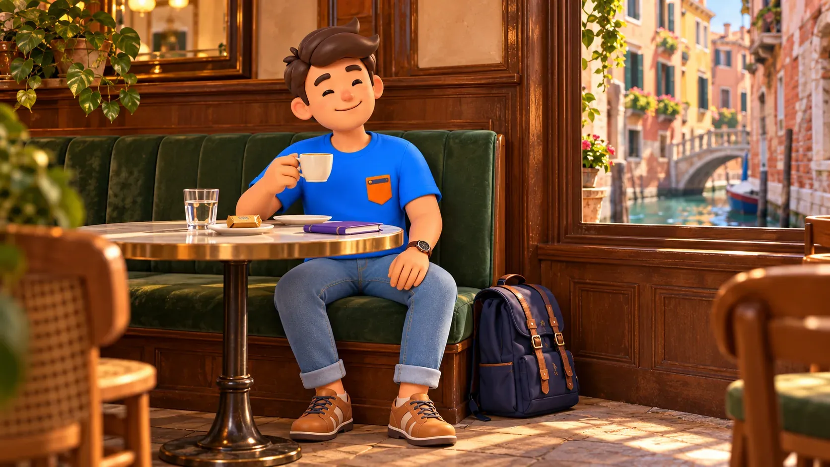 Conceptual illustration of a relaxed coffee break inside an unnamed Venetian café