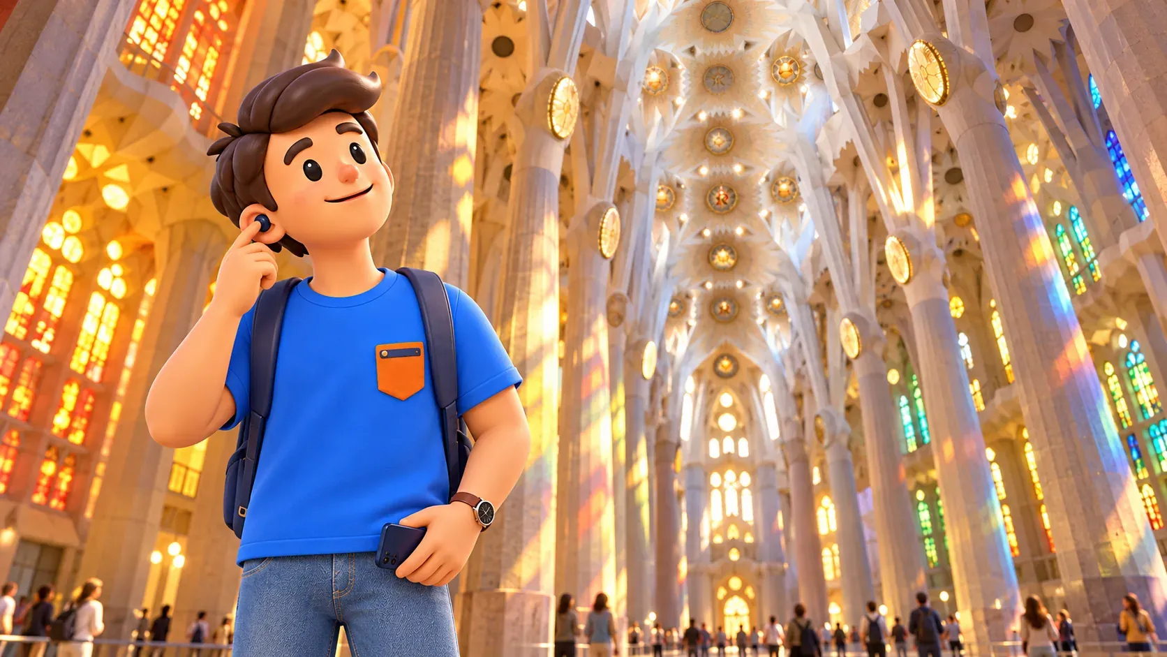 Illustration eines Reisenden mit eigenem Smartphone und Ohrhörer beim ruhigen Betrachten der Säulen und Gewölbe der Sagrada Família.
