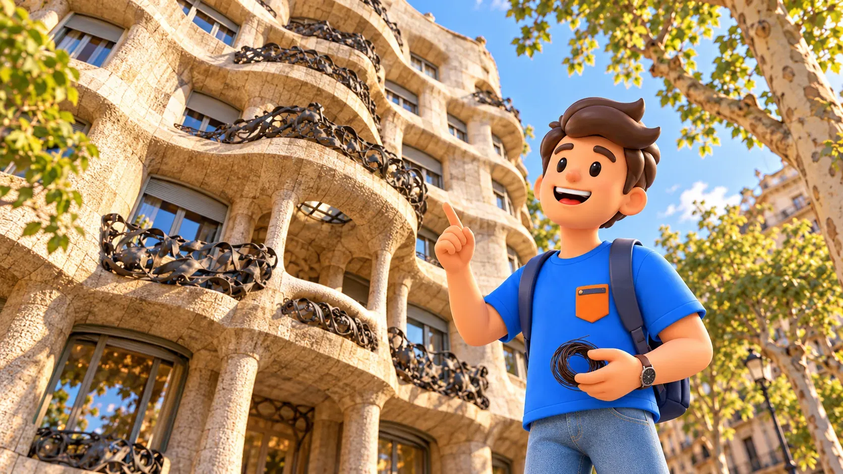 Illustration eines Reisenden mit eigenem Basteldraht vor der welligen Steinfassade und den Metallbalkonen der Casa Milà.