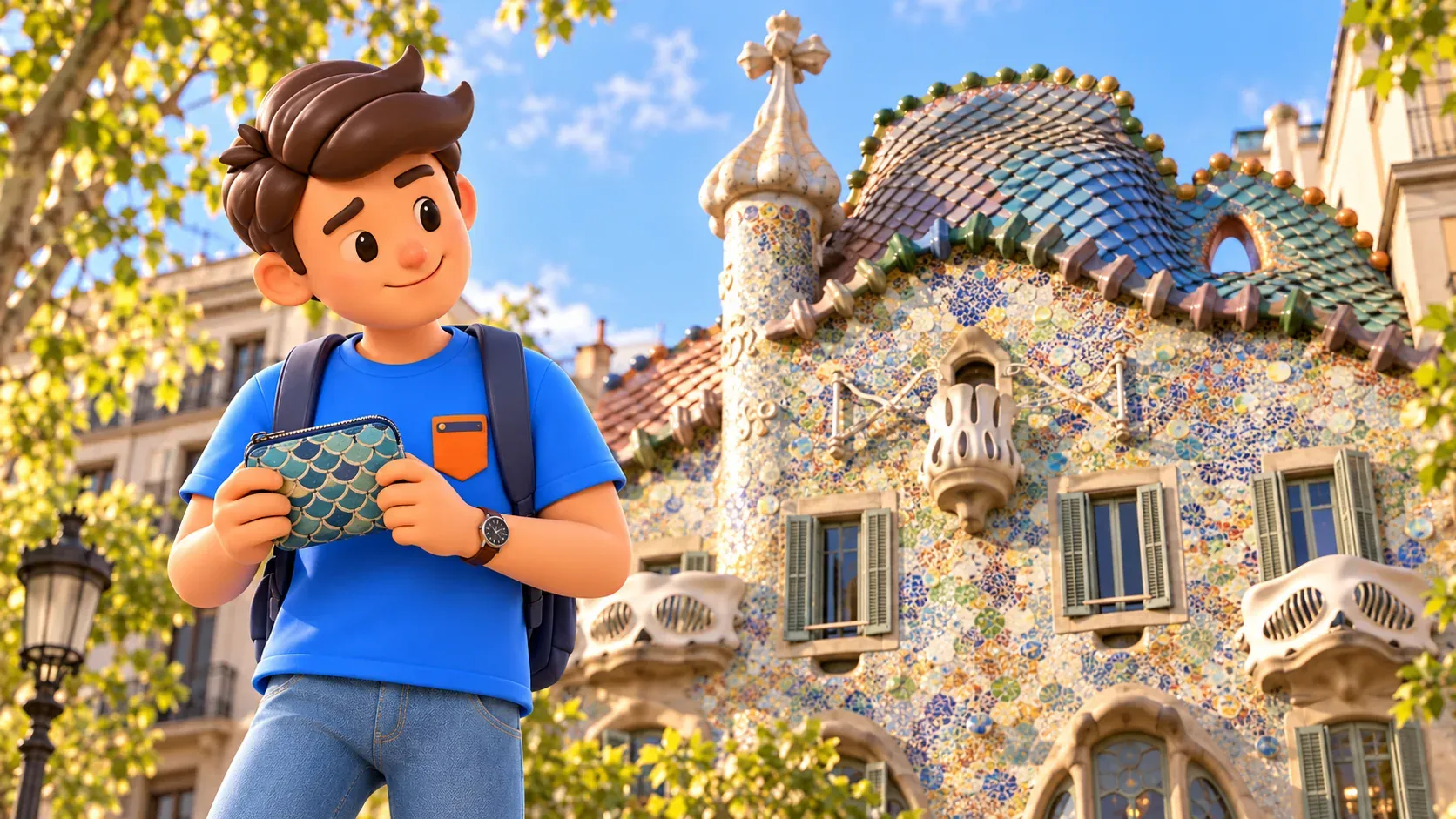 Illustration eines Reisenden mit eigener Stofftasche mit Schuppenmuster vor der farbigen Fassade der Casa Batlló.