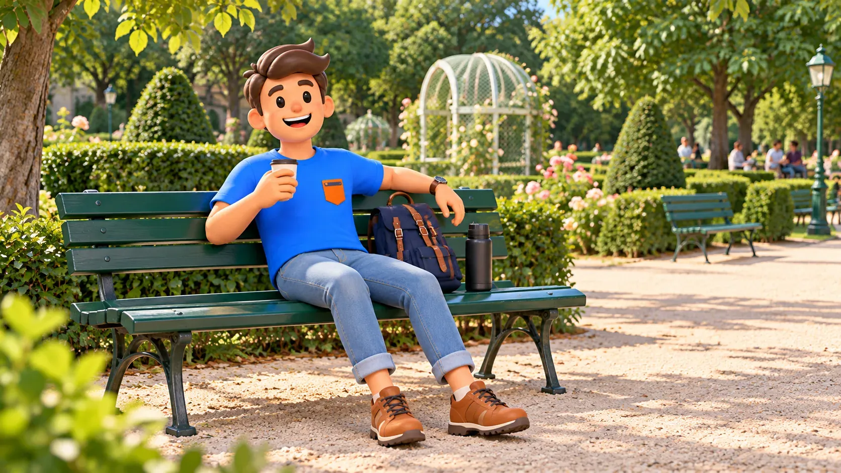 Traveler in a blue T-shirt resting with a cup on a green bench in Square René Le Gall, among clipped hedges and mature trees.