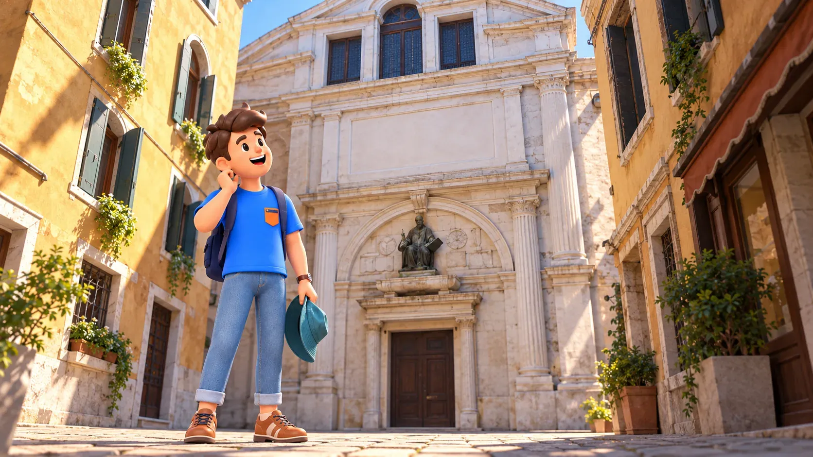 Conceptual illustration of looking at San Zulian outside, with Rangone’s portrait above the doorway