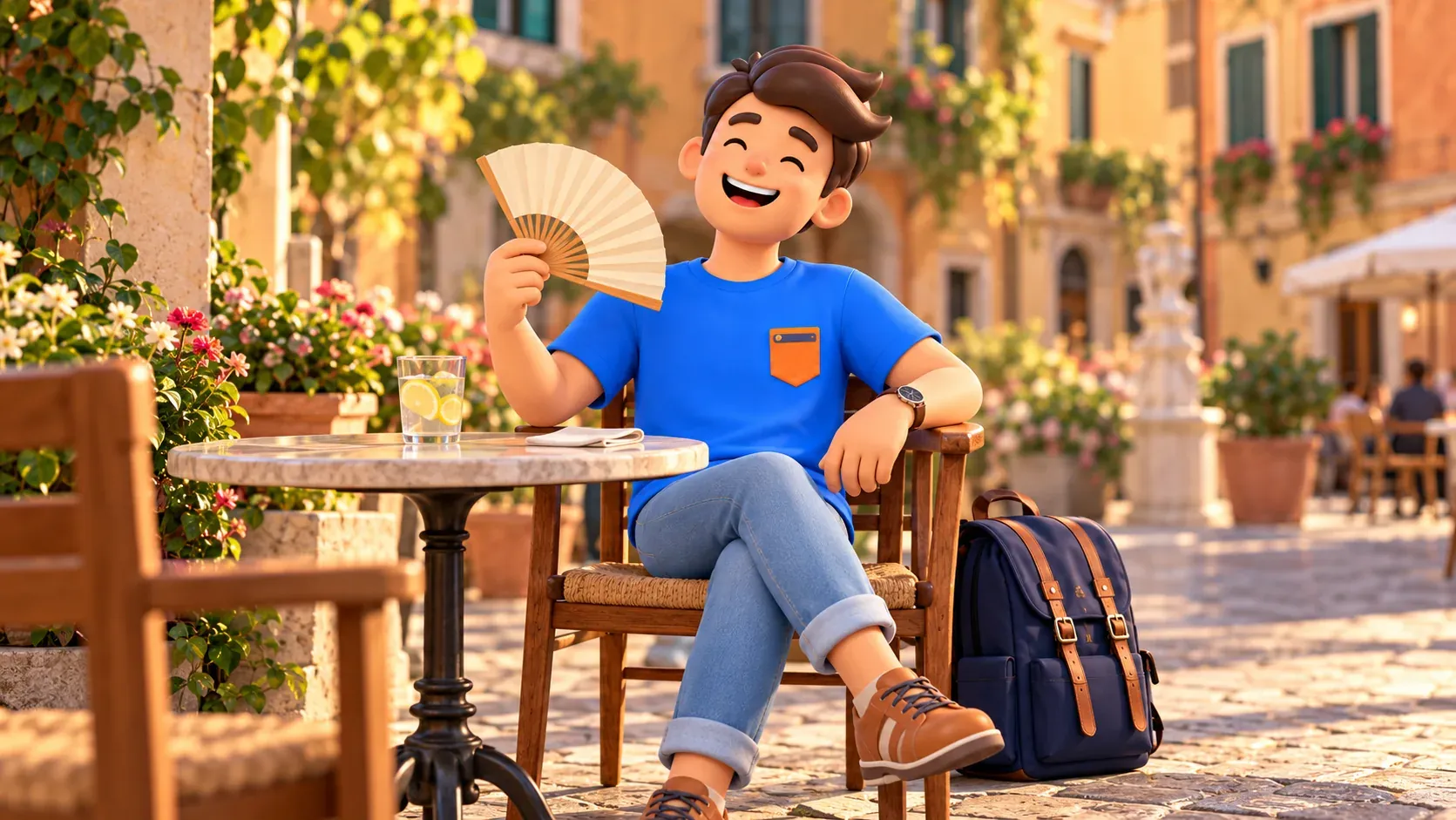Conceptual illustration of resting with a personal fan at an unnamed café table