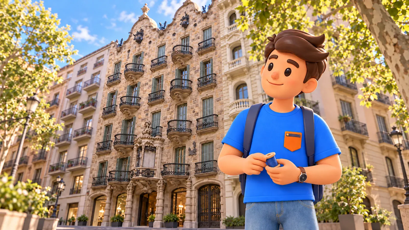 Illustration d’un voyageur avec sa bobine de fil bleu devant la façade de pierre de la Casa Calvet.