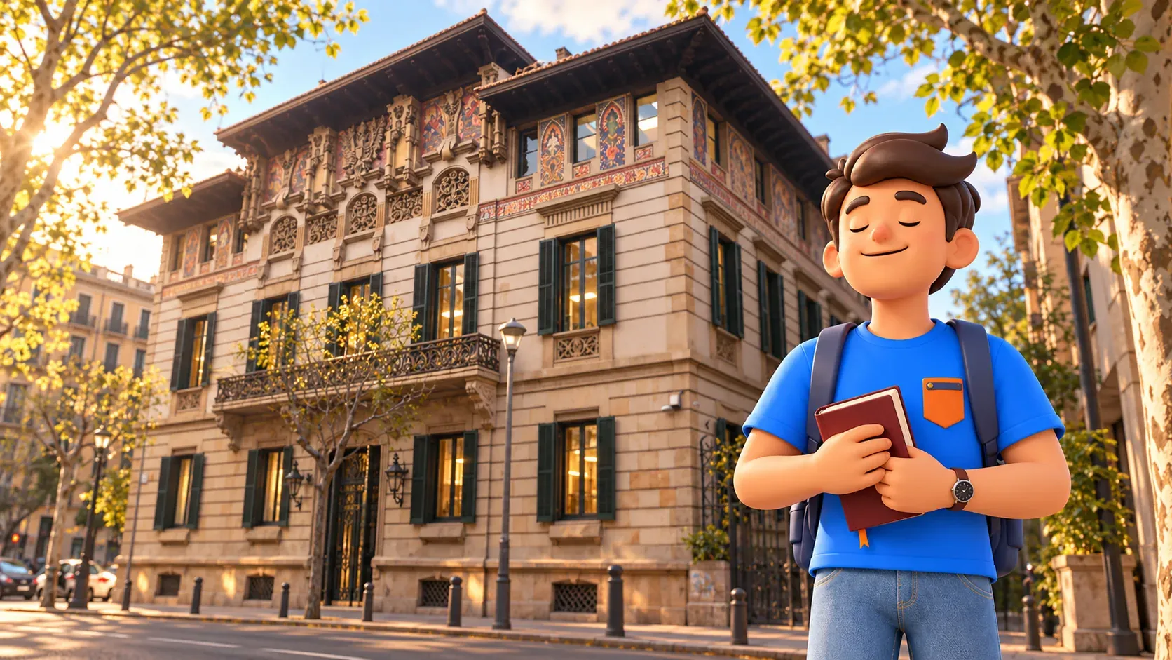 Illustration d’un voyageur avec son livre fermé devant le Palau Montaner et sa frise de céramique colorée.