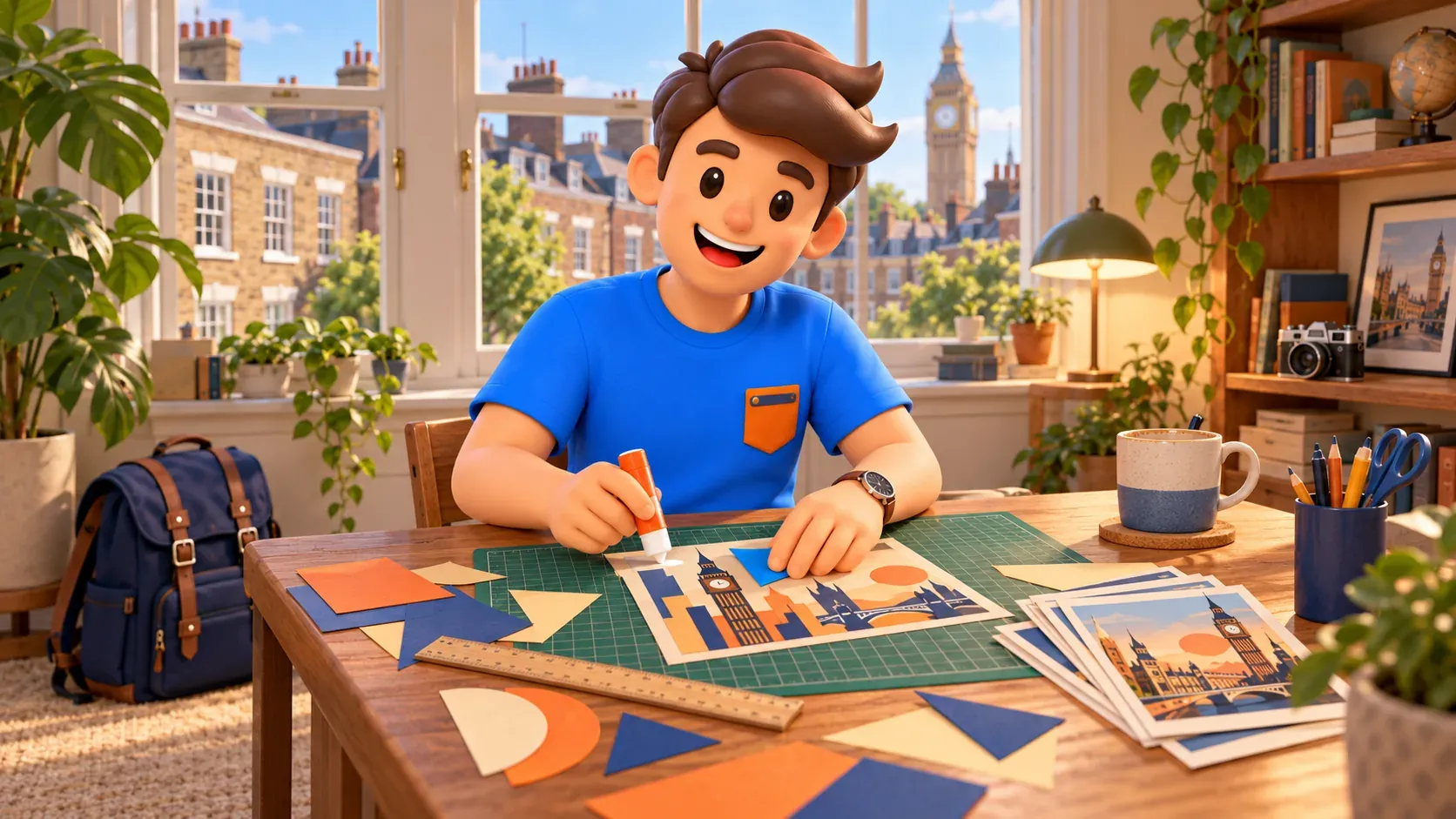 Figur beim Gestalten einer eigenen geometrischen Postkarte im privaten Raum nach dem Ausflug.