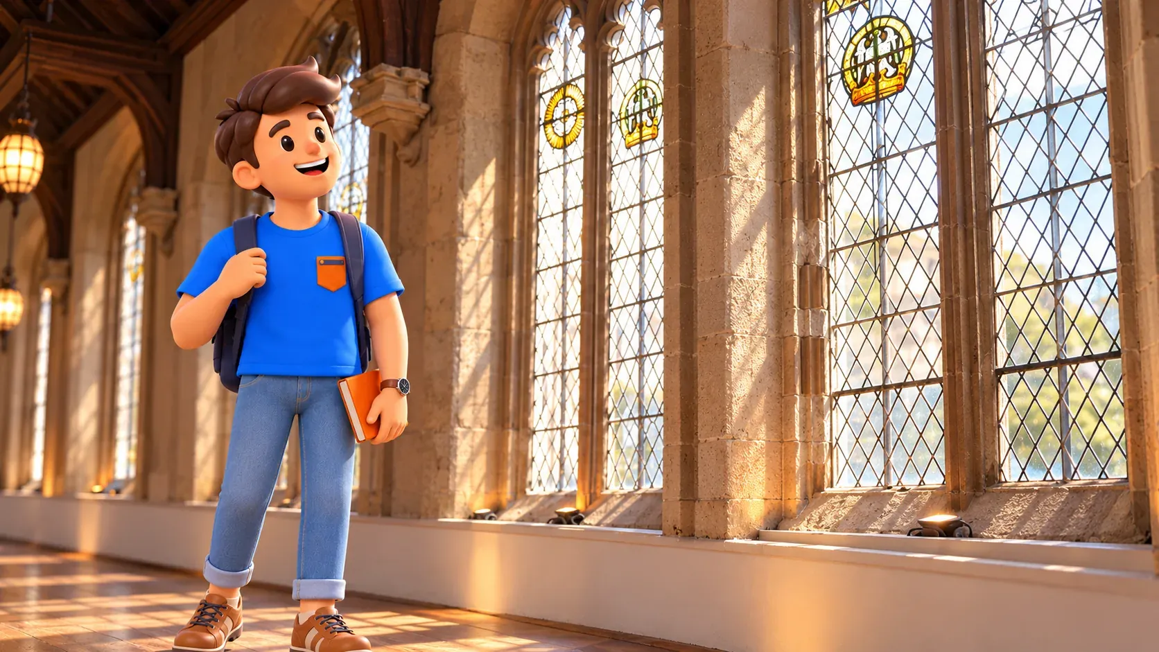 Reisender betrachtet die hohen Fenster der Great Hall von Eltham Palace.