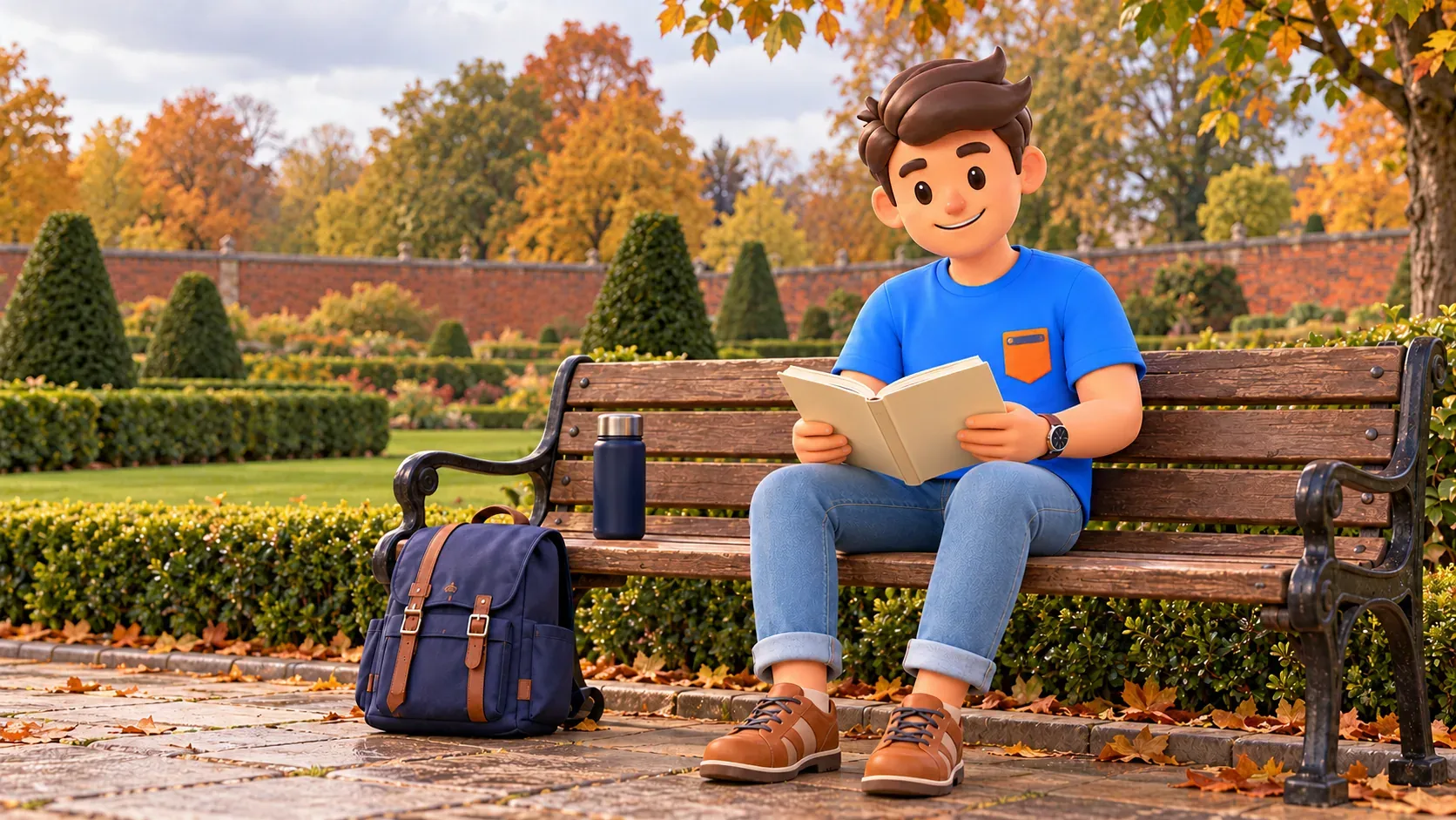 Figur ruht mit eigenem Buch auf einer Bank in einem englischen Garten.