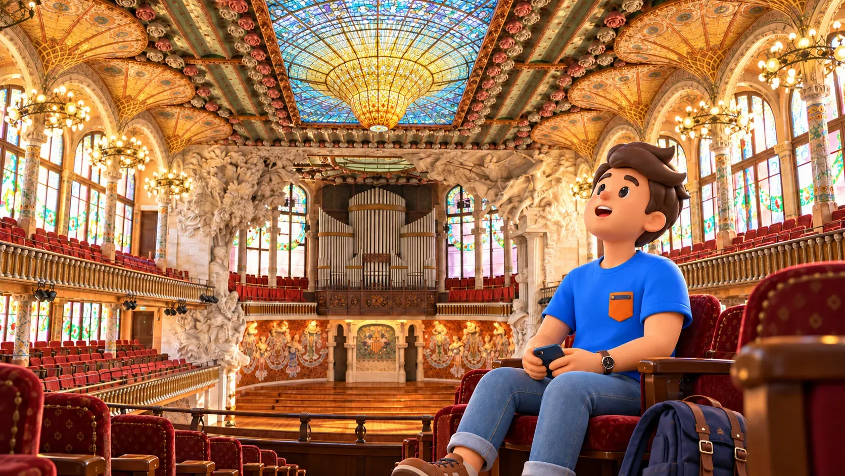 Illustration of a traveller in an audience seat looking up at the stained-glass skylight of the Palau de la Música Catalana.