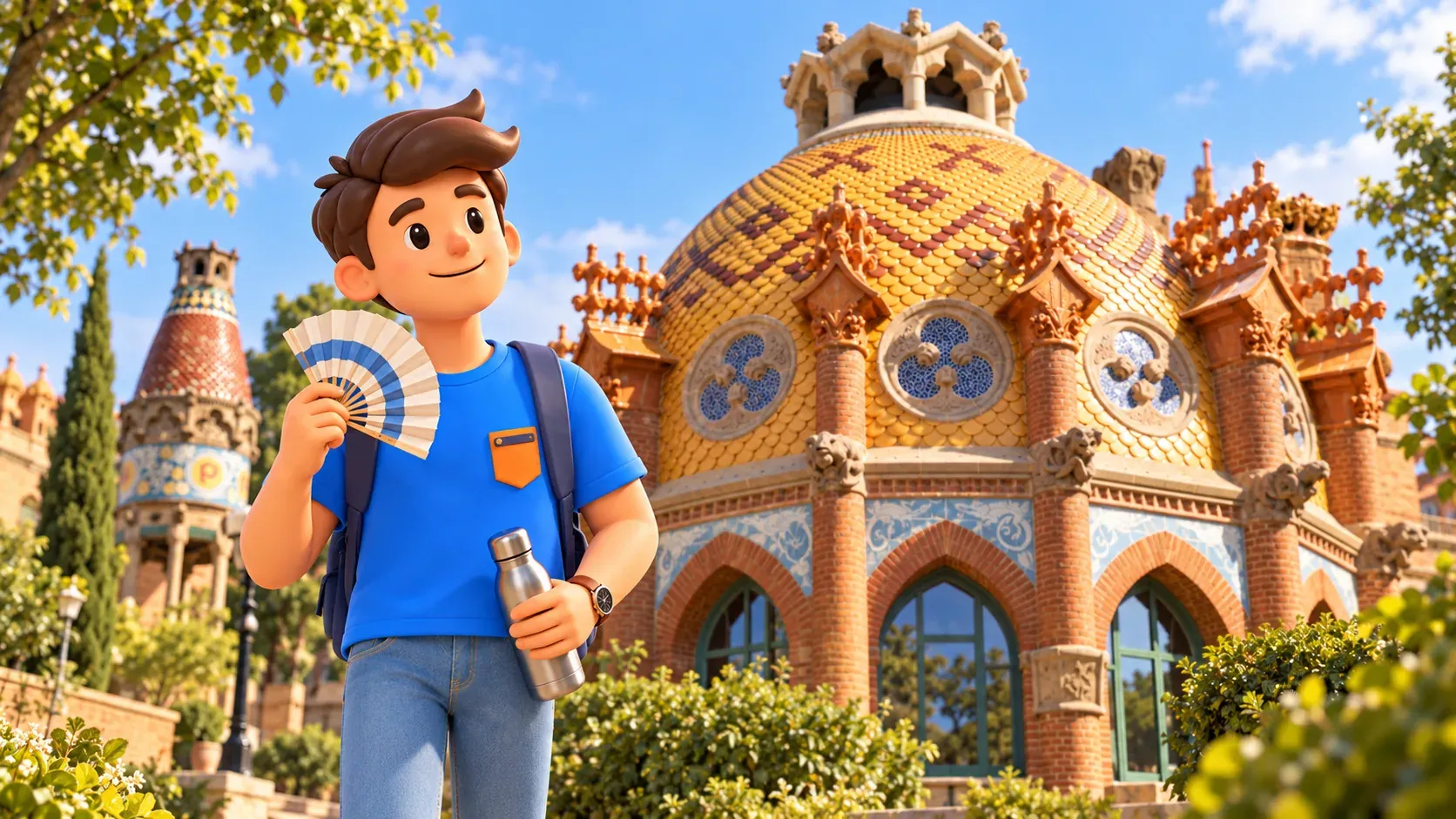 Illustration of a traveller with a fan and closed water bottle beside a brick Sant Pau pavilion with a yellow tiled dome.