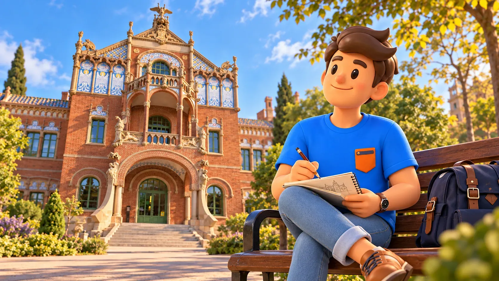 Illustration of a traveller sketching in his own notebook on a freestanding bench outside a Sant Pau pavilion with blue-and-white ceramics.