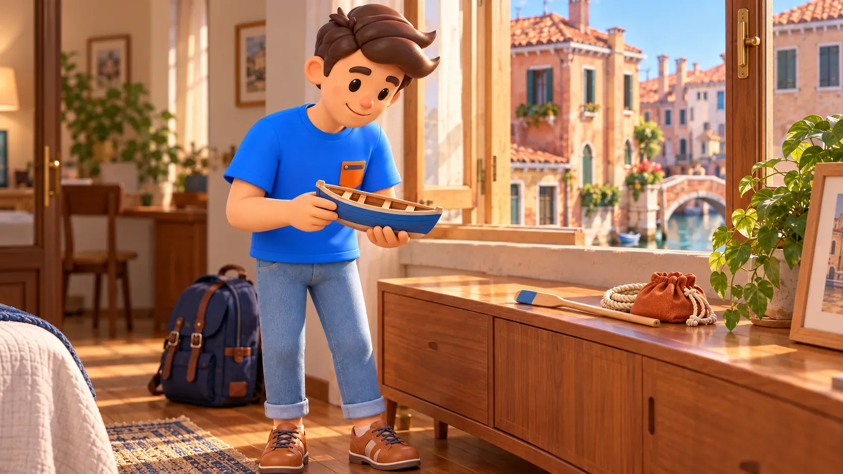 Conceptual illustration of examining a personal toy boat at the accommodation