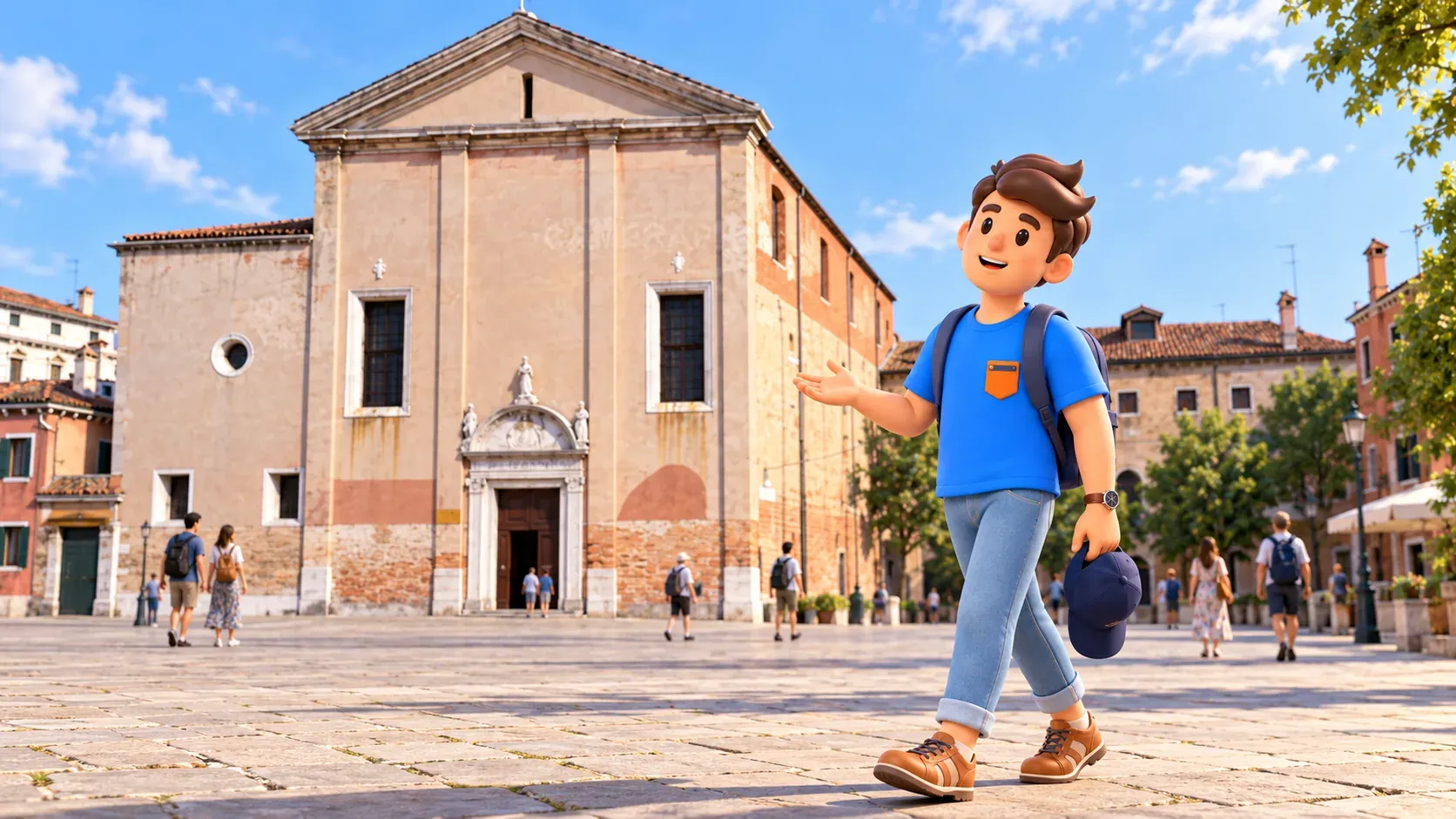 Conceptual illustration of walking past the façade of San Giobbe church