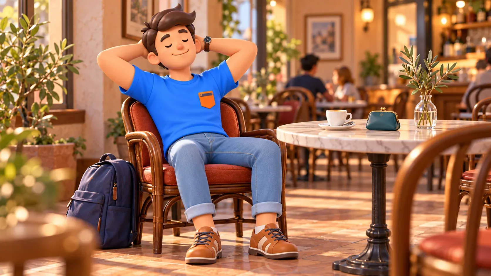 Conceptual illustration of resting in an armchair at an unnamed café during the walk