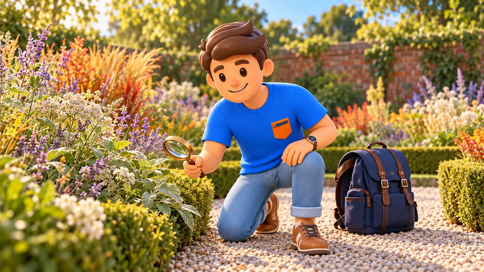 Character observing a plant with a magnifying glass from the garden path without touching it.