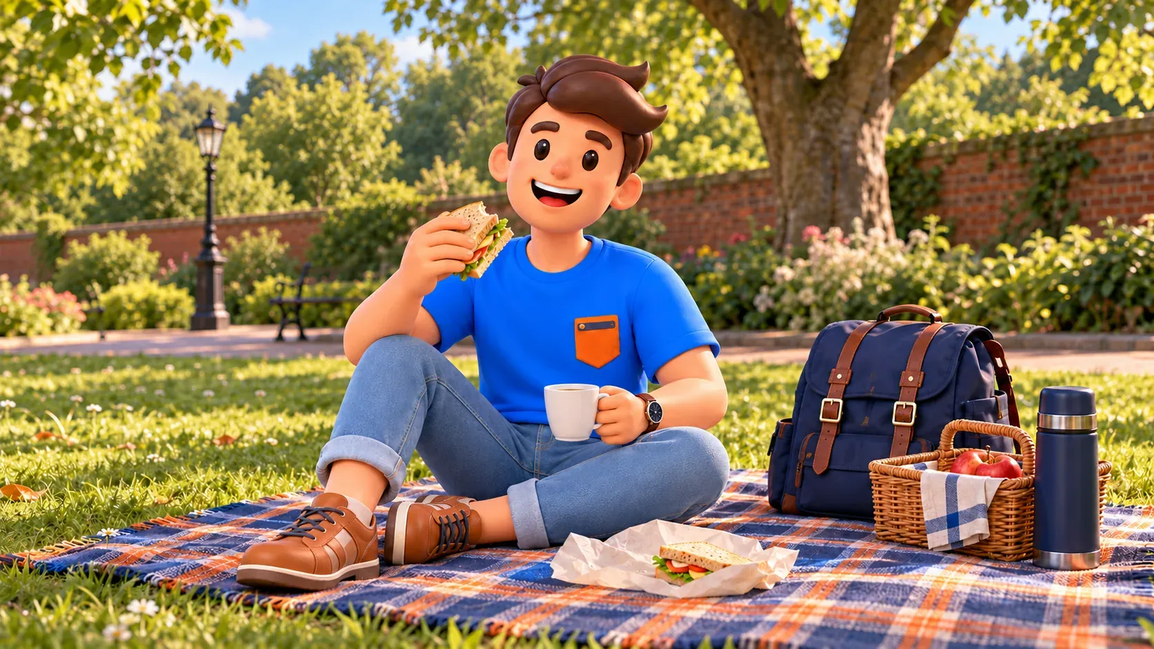 Character enjoying a small picnic with his own food on a rug in an English garden.