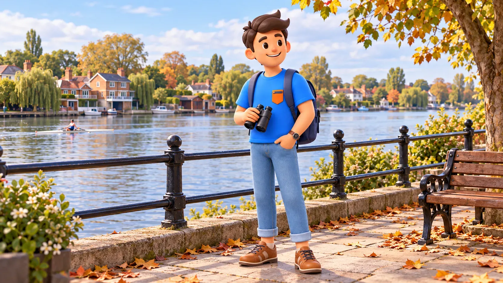 Traveller with binoculars beside the railing of a Thames riverside path.