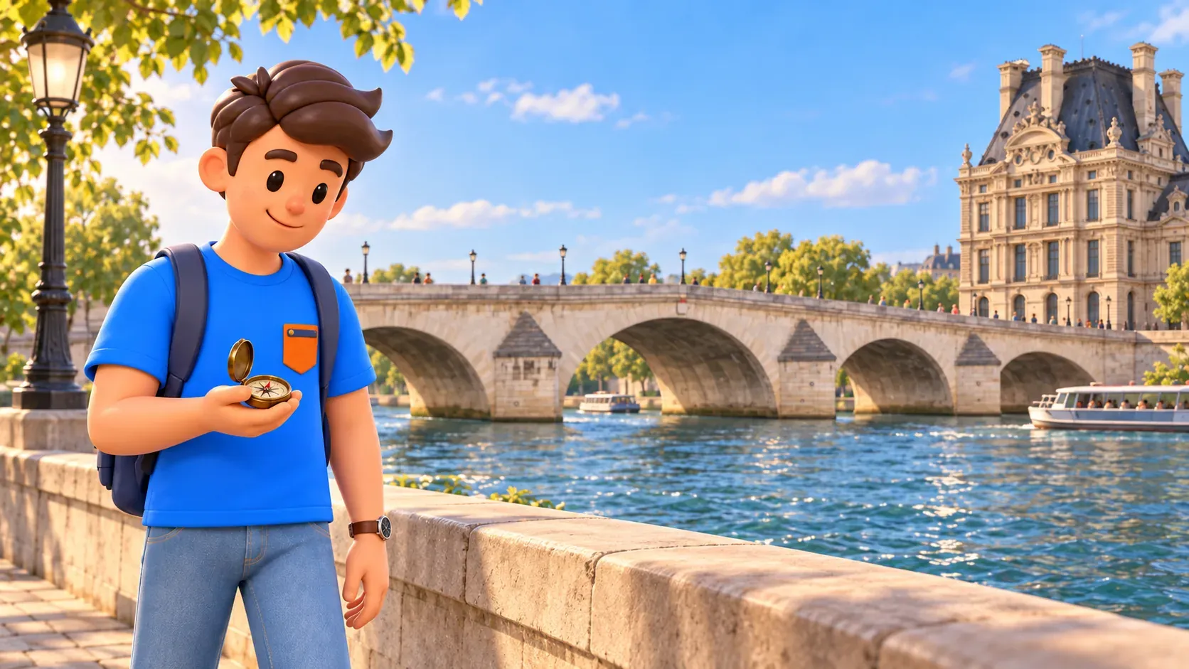 Le personnage regarde une boussole de poche devant les arches du pont Royal et le pavillon de Flore du Louvre.