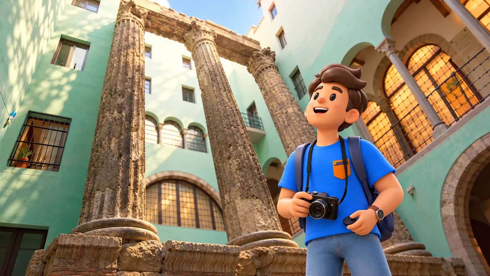 Ilustración de un viajero con cámara mirando las columnas del templo de Augusto dentro del patio posterior.