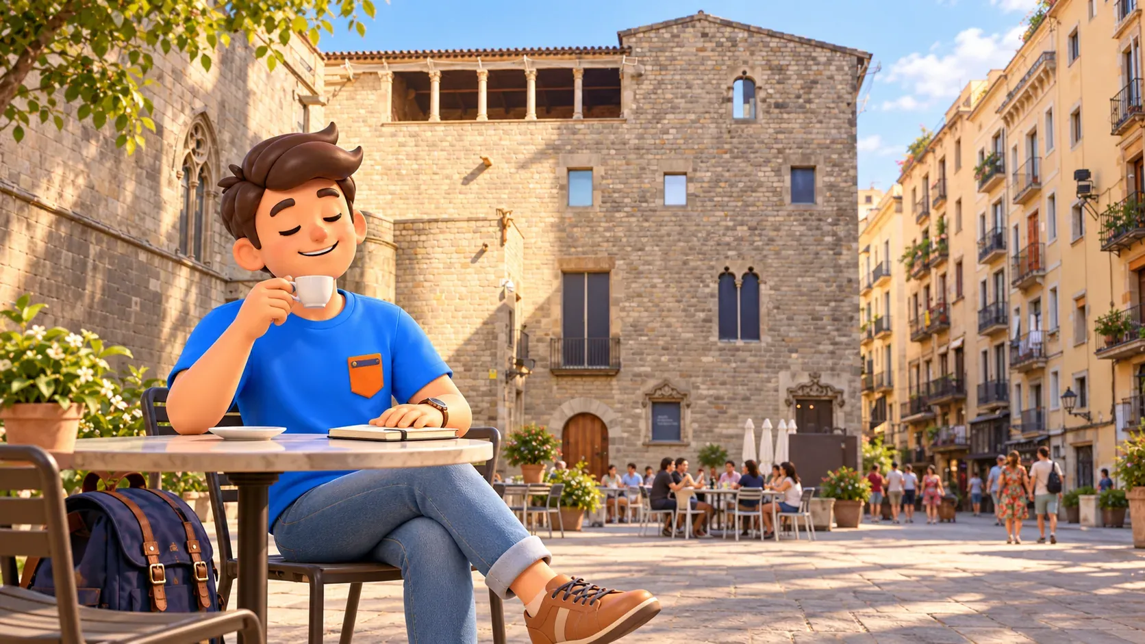 Ilustración de una pausa tranquila en una mesa de café de la Plaça del Rei ante la fachada de piedra del conjunto museístico.