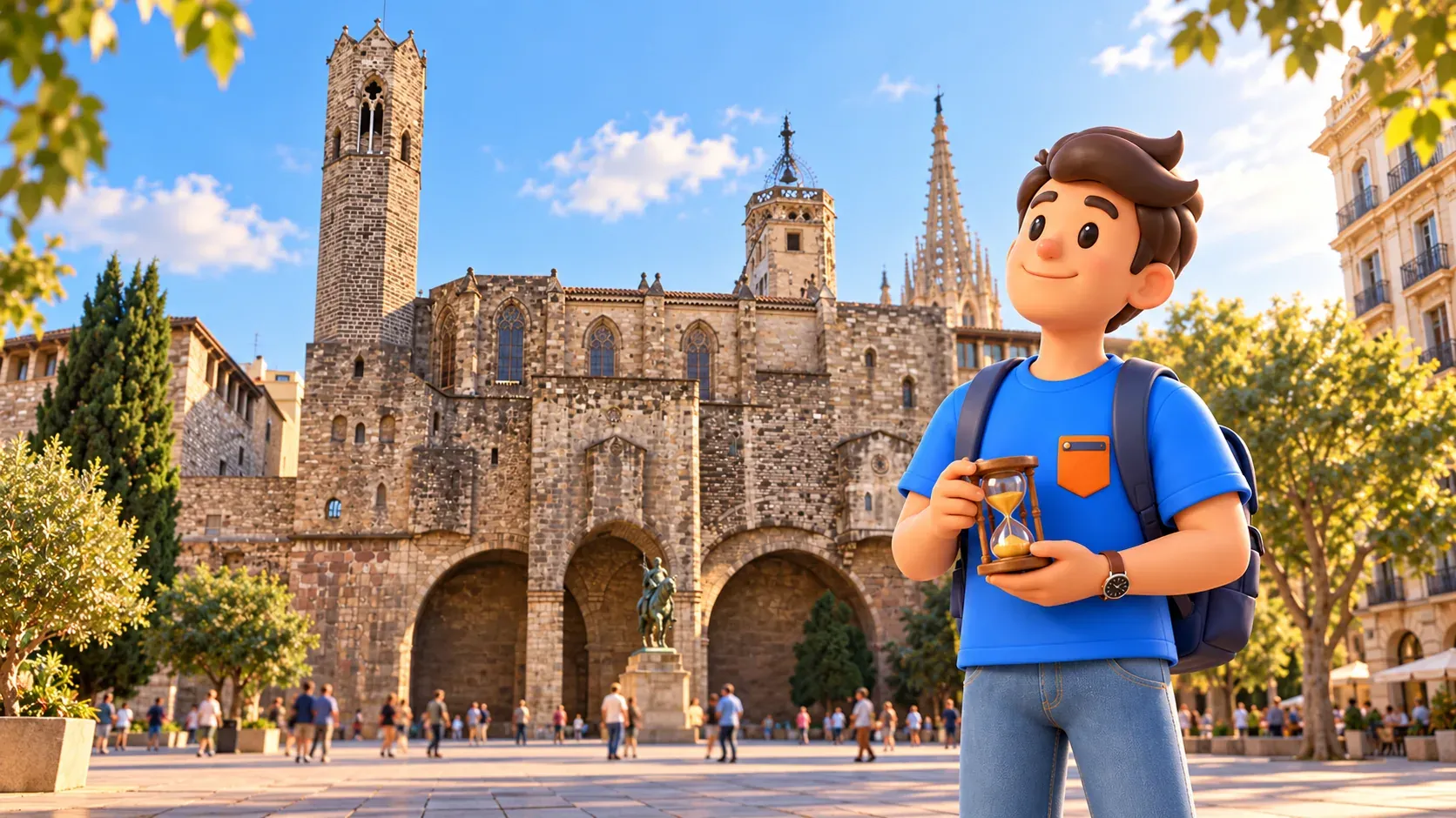 Ilustración de un viajero con su reloj de arena ante la muralla romana y la capilla posterior de Santa Àgata en la Plaça Ramon Berenguer el Gran.