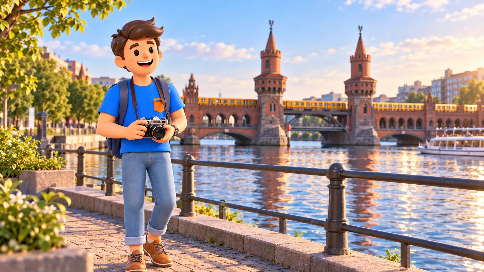 Reisender mit Kamera an der Spree vor der Oberbaumbrücke