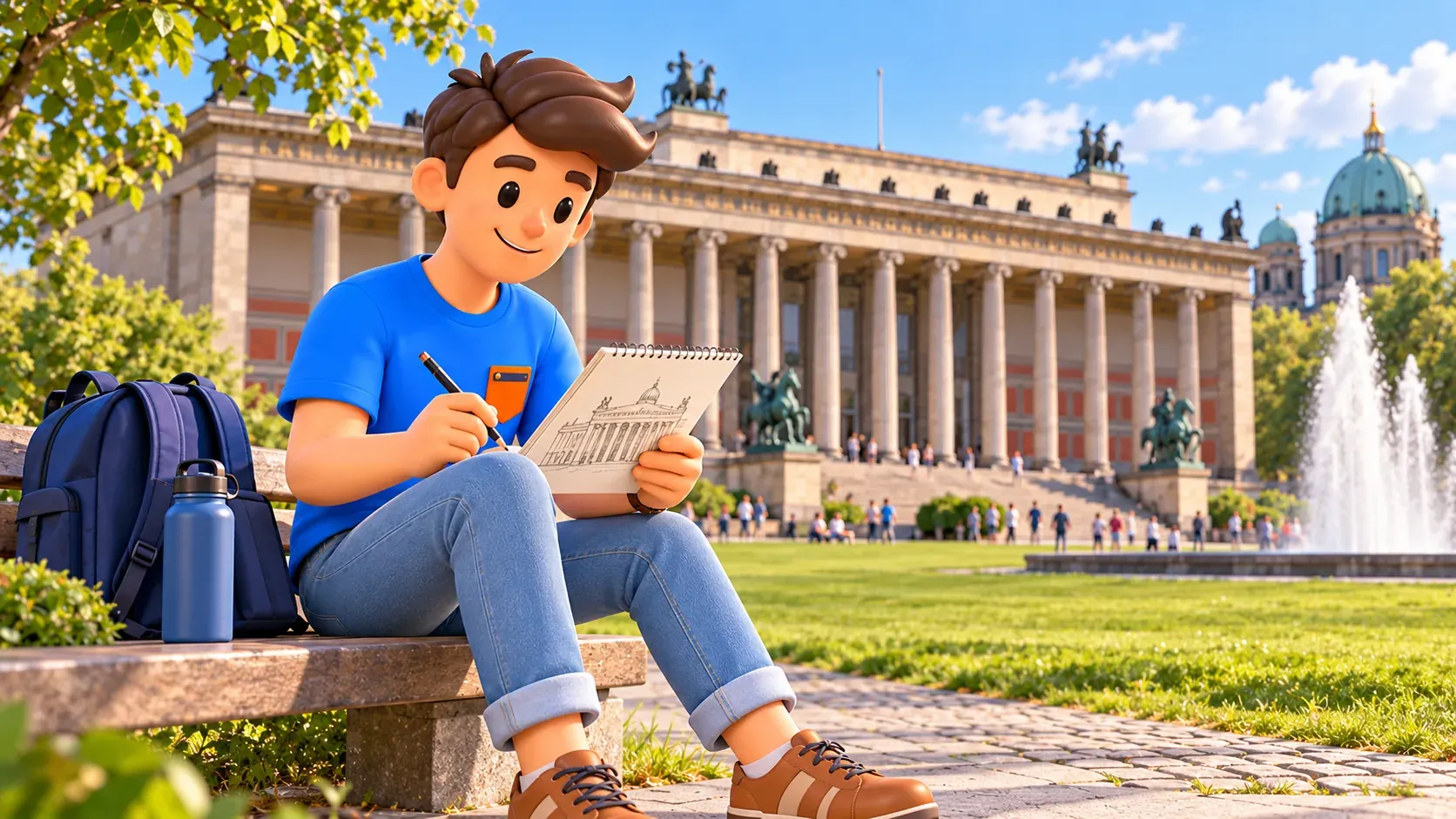 Reisender zeichnet die Architektur des Alten Museums am Lustgarten