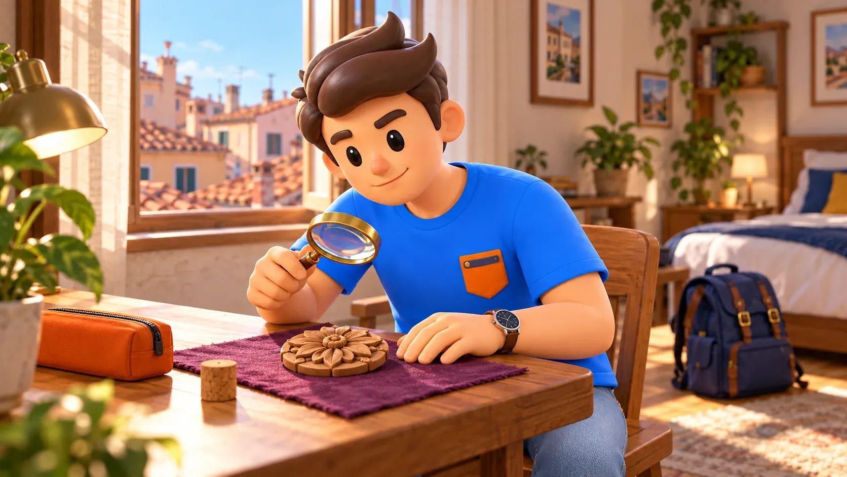 Conceptual illustration of examining a personal wooden rosette at the accommodation