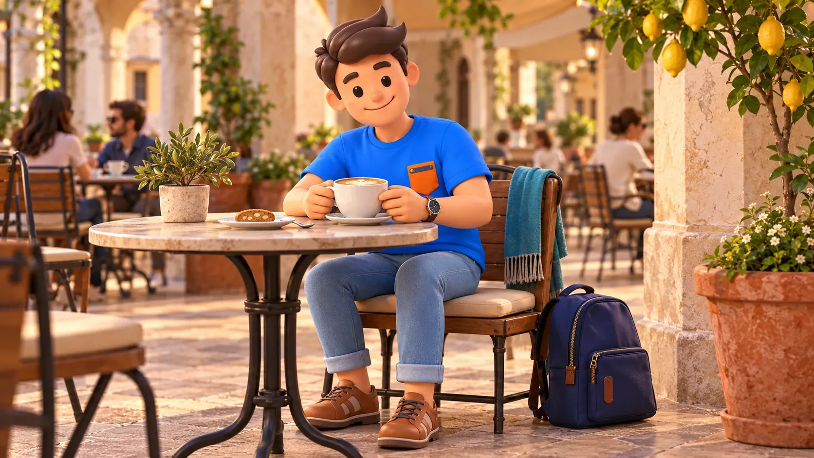 Conceptual illustration of a coffee break on the covered terrace of an unnamed café